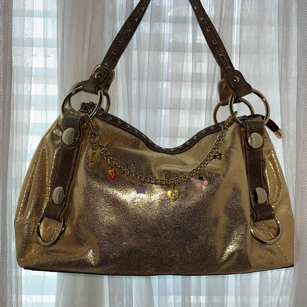 Kathy Van Zeeland Gold and Brown Shoulder Bag with Metallic Finish